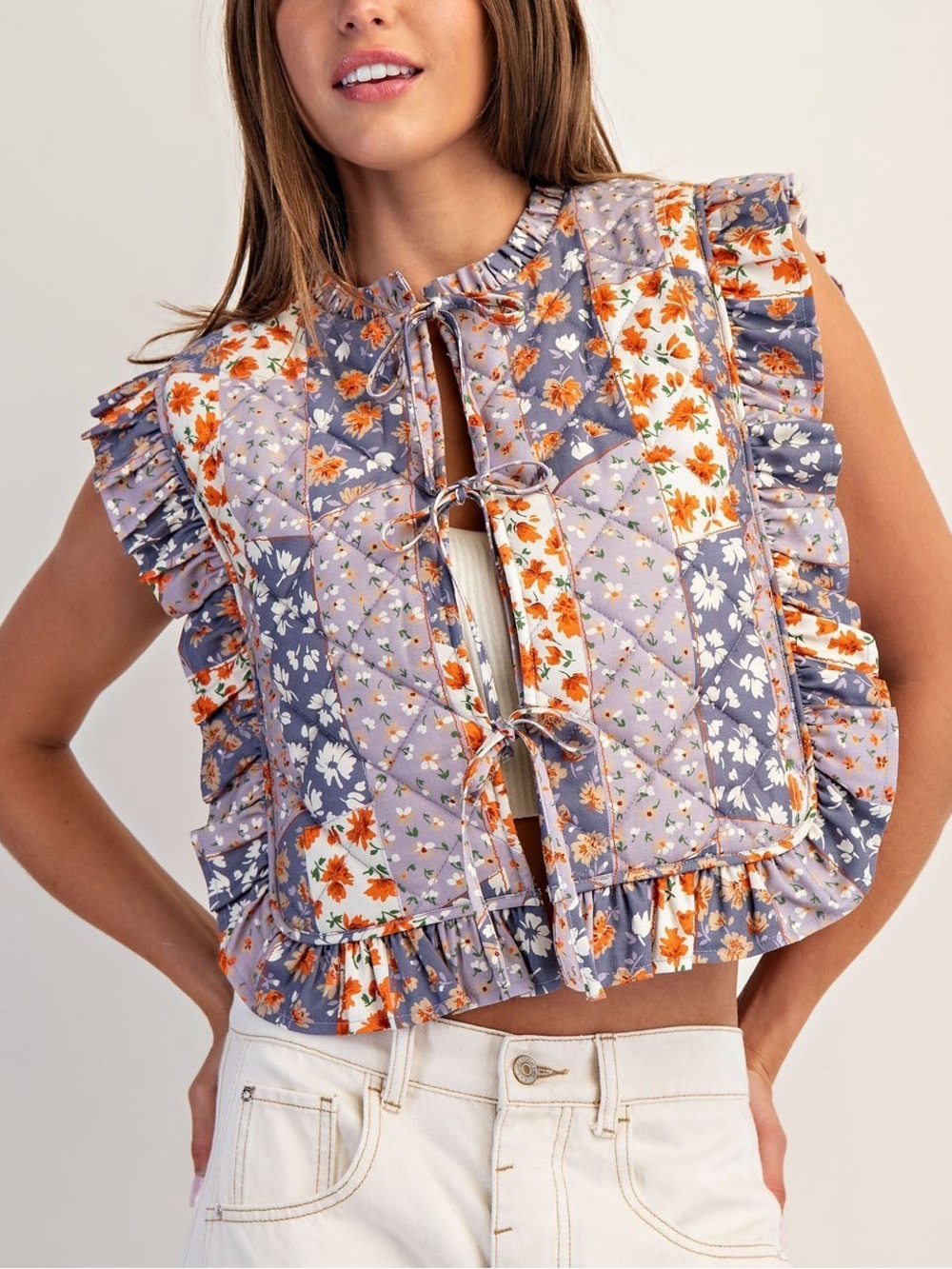 NEW ee:some Los Angeles Quilted Floral Tie Front Ruffle Vest Medium Cottagecore